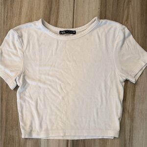 Zara Cream Short Sleeve Ribbed Crop Top